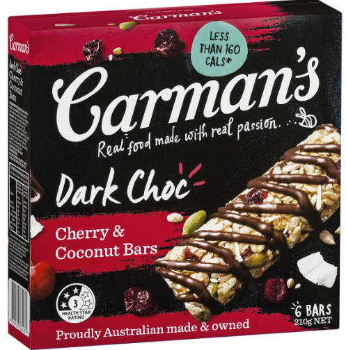 Carman's Dark Choc Cherry & Coconut Muesli Bars 6pk