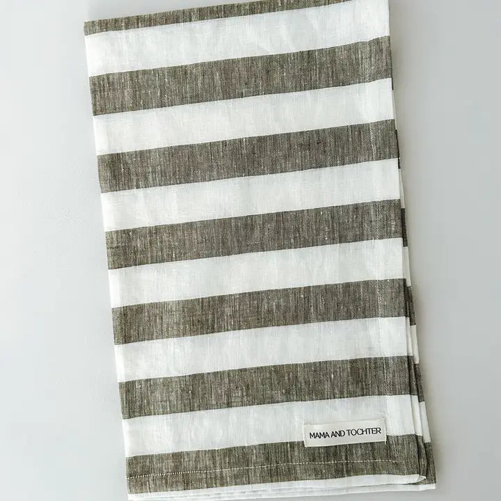 Pure French Linen Tea Towel - Wide Olive Stripes