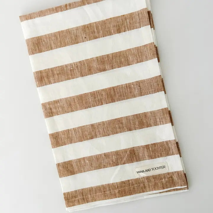 Pure French Linen Tea Towel - Wide Toffee Stripes