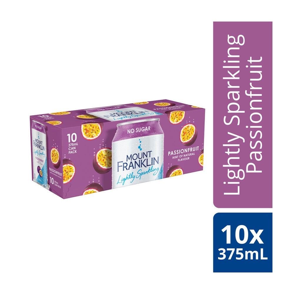 Mount Franklin Lightly Sparkling Water Passionfruit Multipack Cans 10 x 375mL