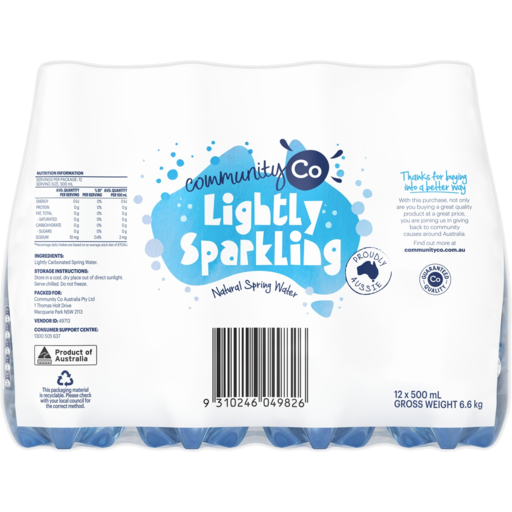 Community Co Lightly Sparkling Water 12 x 500ml