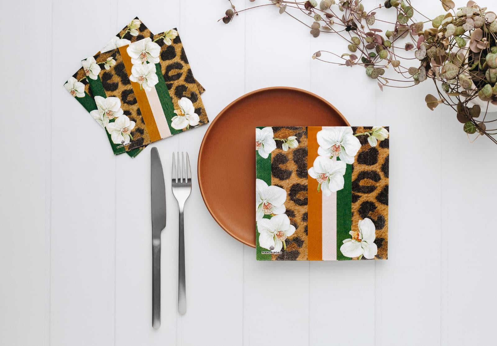 Manor Road Napkins White Orchard & Leopard Lunch 20pk